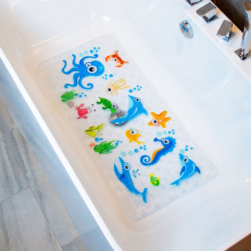 BEEHOMEE Bath Mats for Tub Kids - Large Cartoon Non-Slip Bathroom Bathtub Kid Mat for Baby Toddler Anti-Slip Shower Mats for Floor 35x15,Machine Washable XL Size Bathroom Mats (Blue-Octopus)