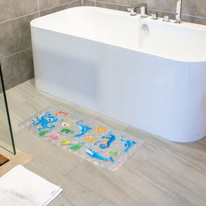 BEEHOMEE Bath Mats for Tub Kids - Large Cartoon Non-Slip Bathroom Bathtub Kid Mat for Baby Toddler Anti-Slip Shower Mats for Floor 35x15,Machine Washable XL Size Bathroom Mats (Blue-Octopus)